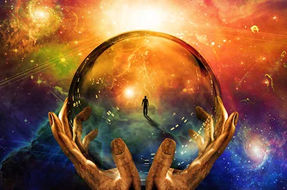 An artists rendering of two hands holding a glowing crystal ball. Inside the crystal ball is the shillouette of a person. The background of the image is a colorful picture of outer space with galaxies and nebulae.