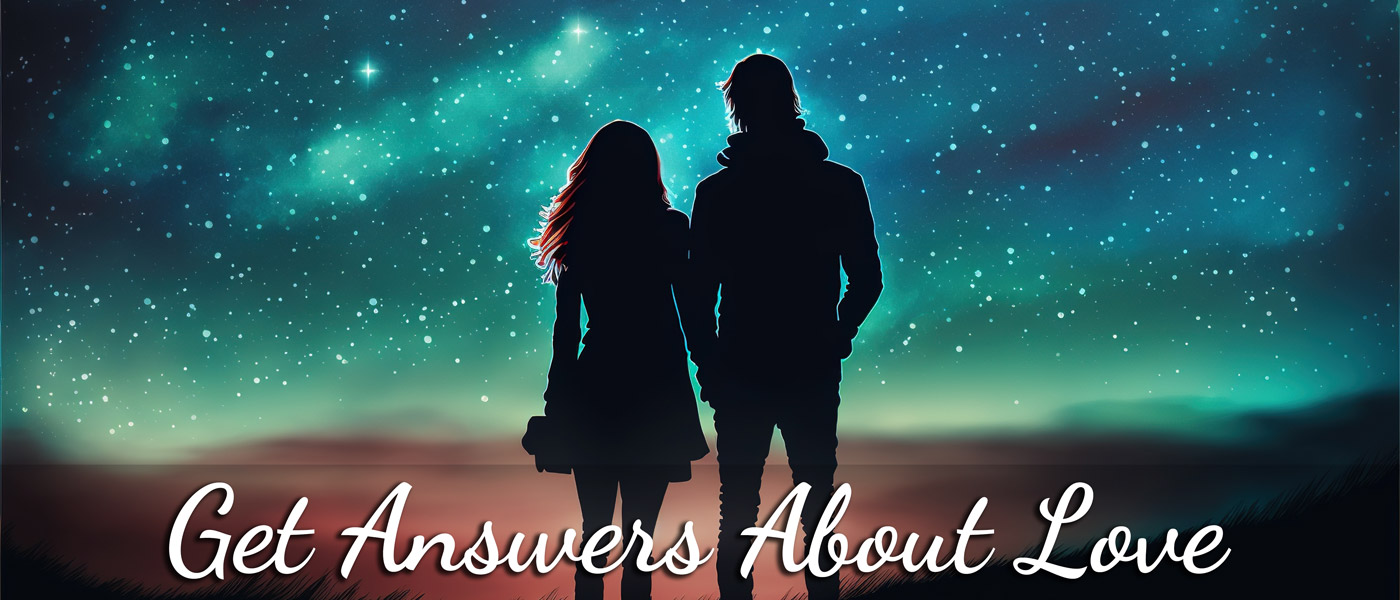 A man and woman hold hands and gaze into a starry sky. Get answers about love.
